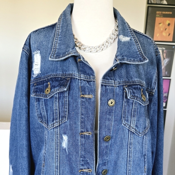 New One 5 One Distressed Denim Trucker Jacket Medium Wash 2X Plus - Picture 2 of 11